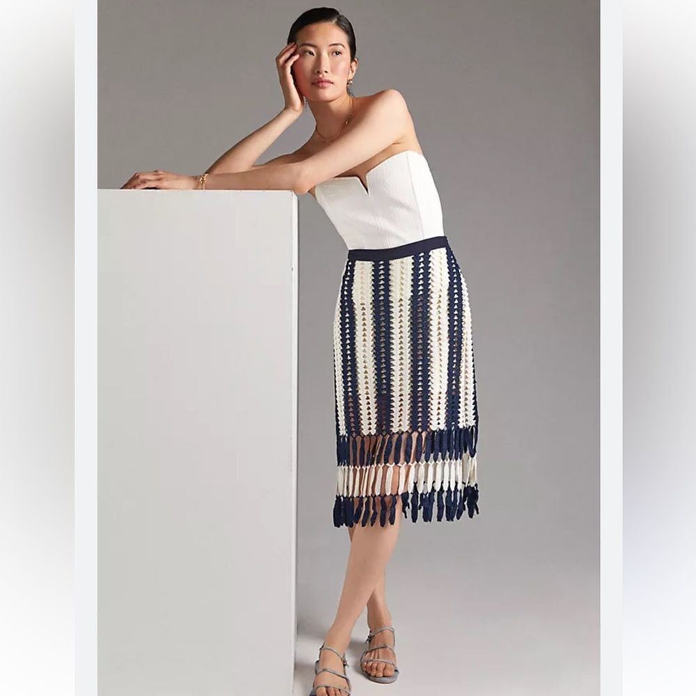 NWT Eva Franco Crochet Skirt Blue White Anthropologie Large - Picture 1 of 11